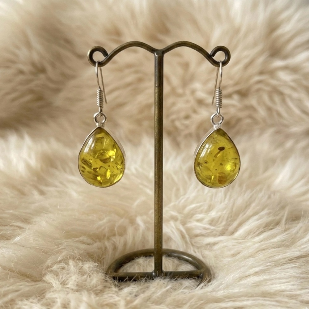 Amber Teardrop Earrings Yellow Resin Dangle Silver Tone Boho